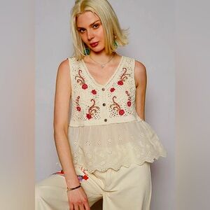 NWT POL Embroidered Detail V-Neck Eyelet Peplum Tank